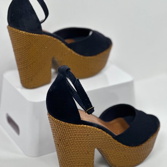 Mr. Cat Peep Toe Suede Sandals Wedge High Heels Woven Platform Shoes Size 6 - Picture 8 of 16
